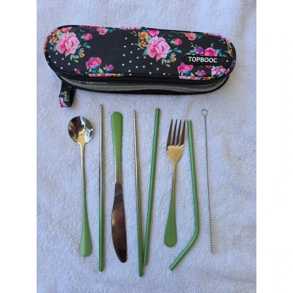 TOPBOOC Portable Travel Cutlery Set Stainless Steel Green 8 Piece Floral Case K3